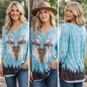 Elegant Blue and Brown Tunic with Lace Detail